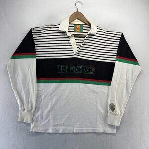 Vintage Dehen Becks Rugby Shirt Men's XL White Beer Embroidered Spellout 90s